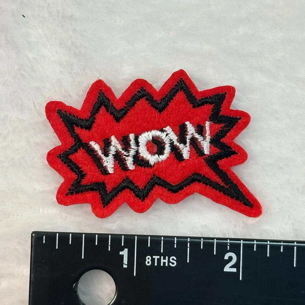 WOW Comic Book Speech Bubble Iron On Patches Red Unisex Small Embroidered 2 Pack